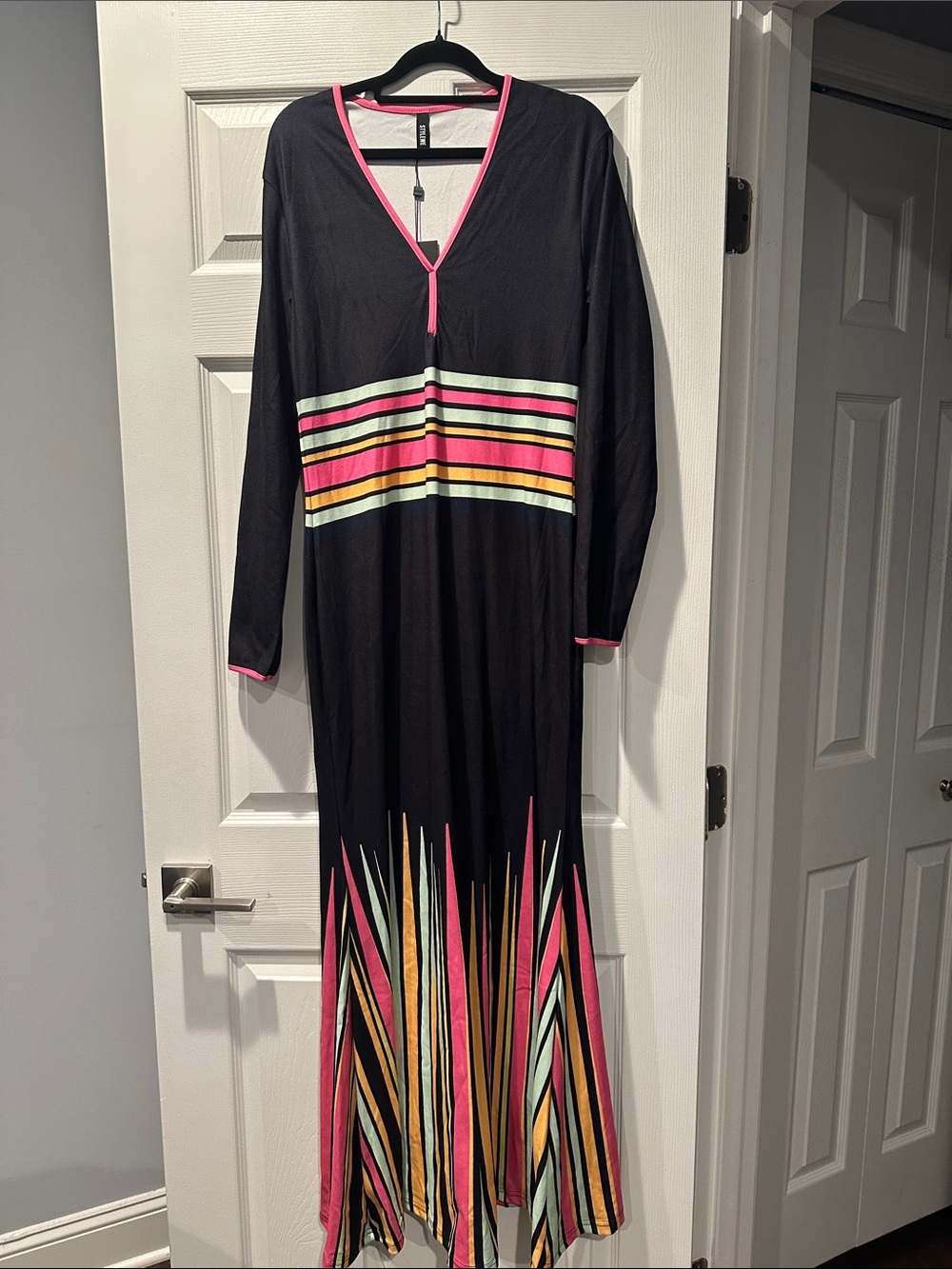 STYLEWE Black Maxi Dress with Neon Pink, Yellow, Orange and Mint Stripes